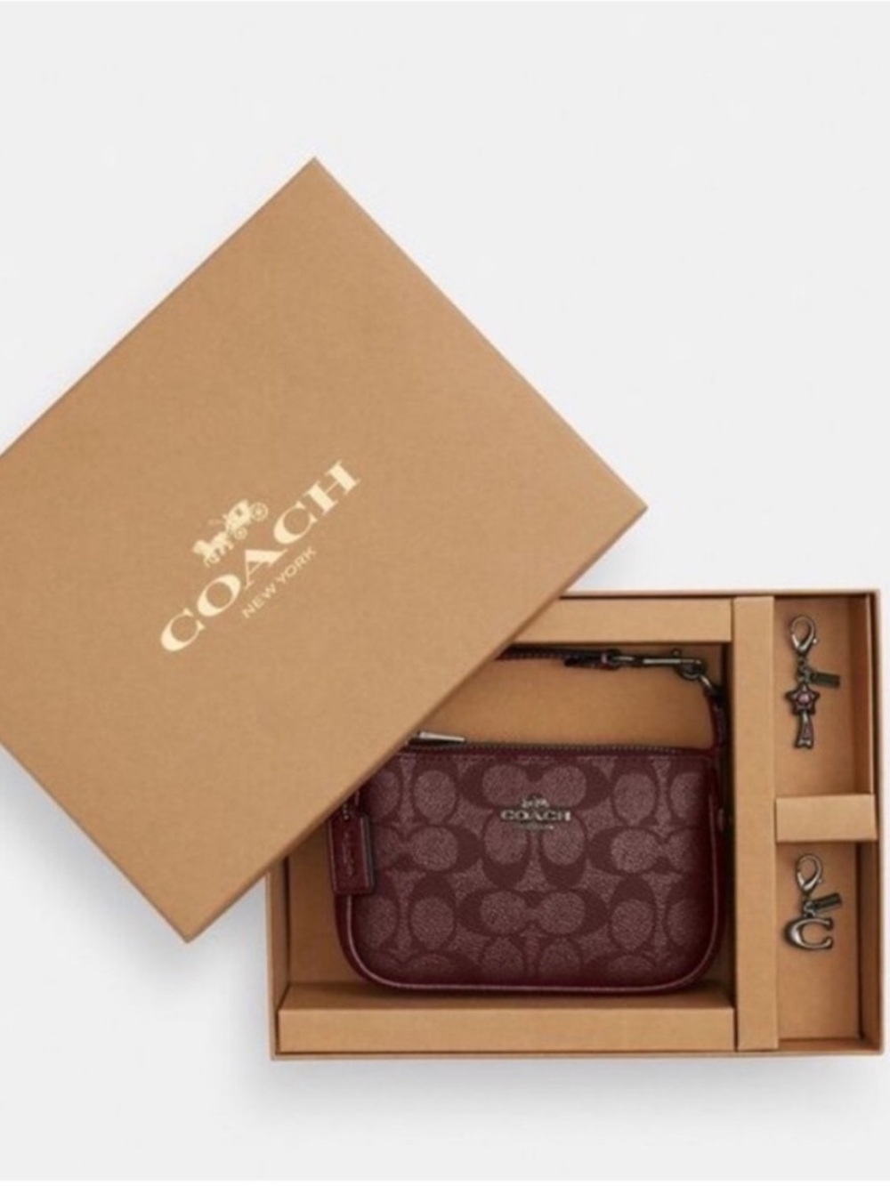 ✨NWT Coach Boxed Nolita 15 Wine Multi Signature Canvas + 2 Charms | DEADSTOCK